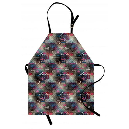 - London Apron Grungy Newspaper Page Style Collage Lipstick Kiss Marks Coffee Flag Telephone Booth, Unisex Kitchen Bib Apron with Adjustable Neck for Cooking Baking Gardening, Multicolor, by Ambesonne
