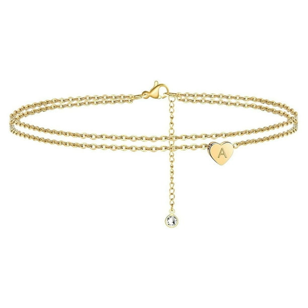 Pulseras para mujer, regalos para mujer 2022, nuevas pulseras de playa con inicial de corazón para mujer, delicada tobillera en capas bañada en oro de 14 quilates, pulseras de corazón con inicial de l