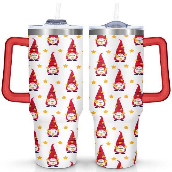 Red-hatted Santa Yellow Stars 40 Oz Tumbler with Handle Lid and Straw Stainless Steel Double Walled Vacuum Insulated Cup Merry Christmas Gifts Tumbler for Women Men Friends Outdoor Indoor