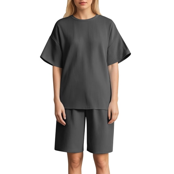 FINALGANG Womens Solid Color Ribbed Knit Two Piece Outfit Crew Neck Short Sleeve Top High Waist Bermuda Shorts Casual Matching Set For Loungewear Daily Wear Trendy Set