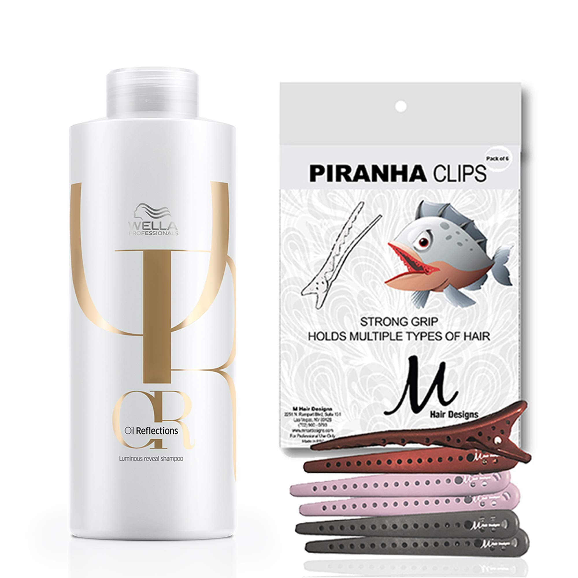 Wella Oil Reflections Luminous Reveal Shampoo For All Hair Types 1 Liter  and M Hair Designs Piranha Clips Assorted (Bundle - 2 items) 
