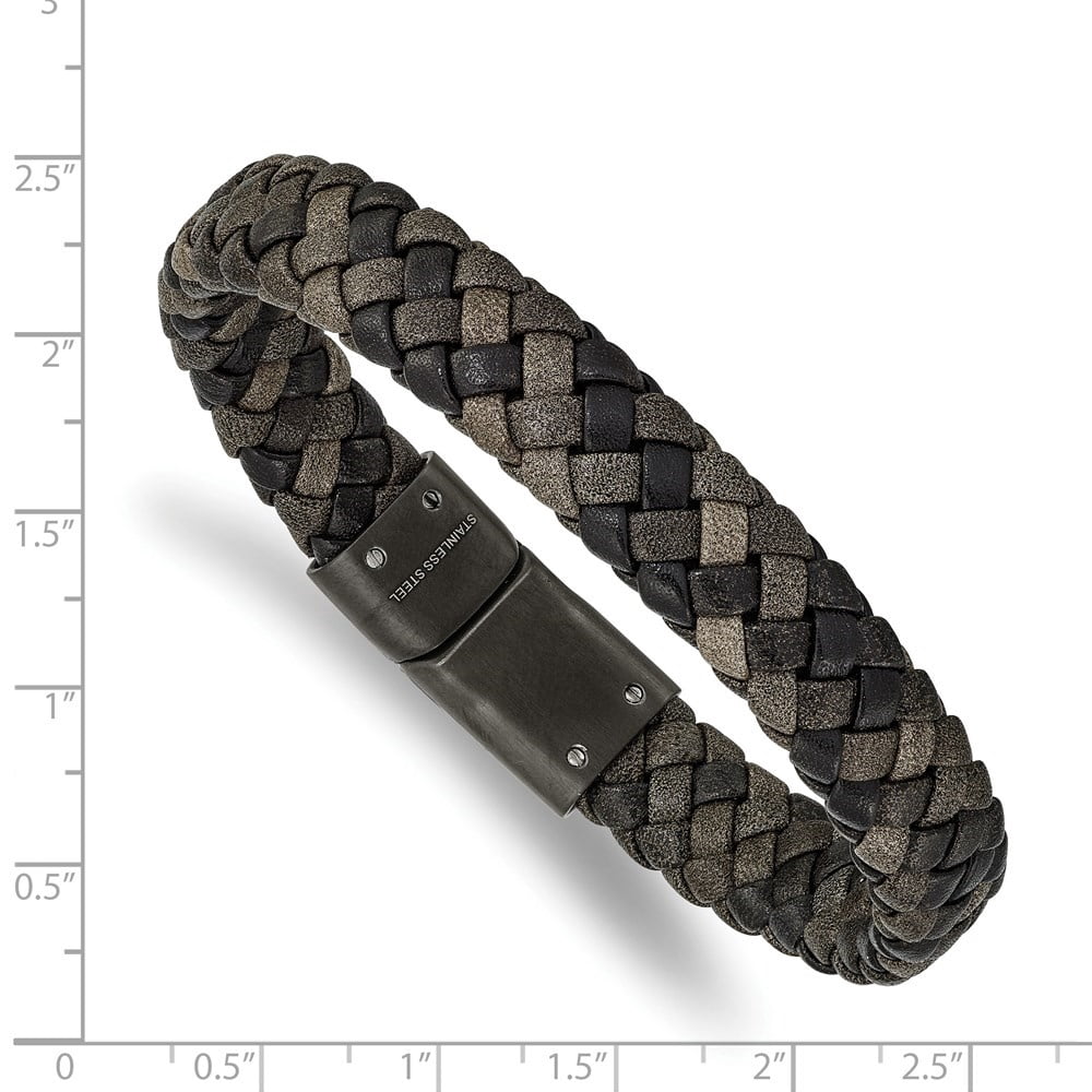 Diamond2Deal Stainless Steel Brushed Gun Metal IP-Plated Brown Braided Leather Bracelet for Men 8.25"