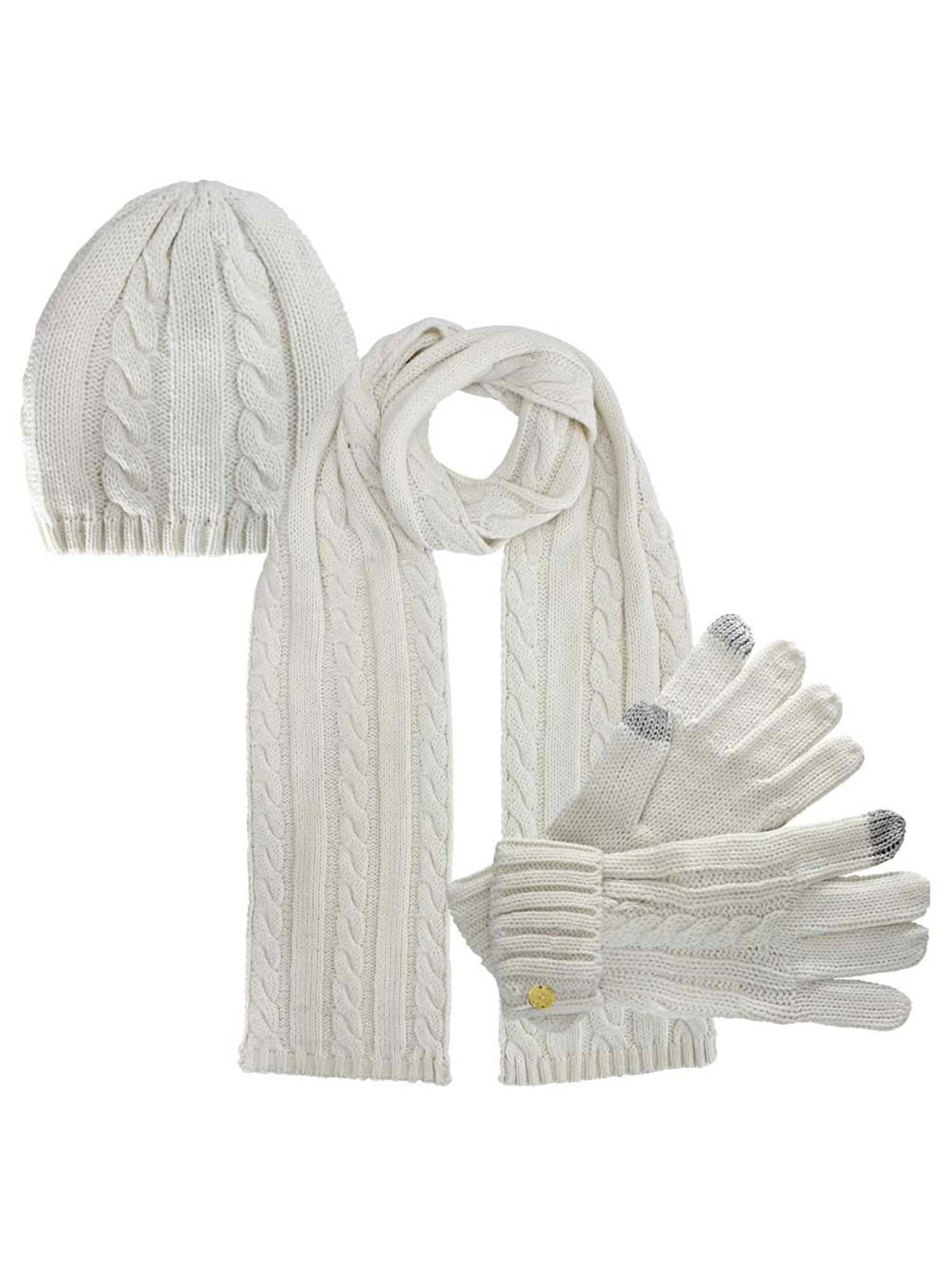 Luxury Divas - Cable Knit 3 Piece Beanie Hat Texting Gloves & Matching ...