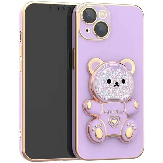 Funda para iPhone 13 Pro con soporte oculto de oso, suave TPU, a prueba de golpes, con soporte de oso 3D y protección para cámara, para mujeres y niñas, color morado