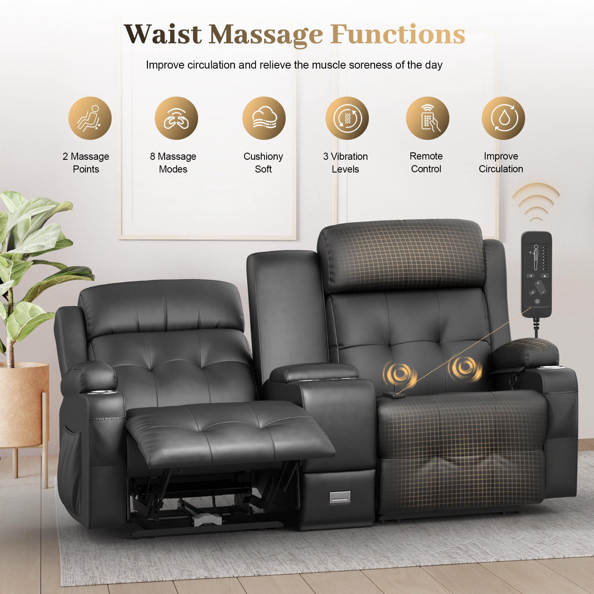 LOBERFVE Loveseat, 2 Seater Manual Recliner with Cup Holders, USB and Type-C Port, Faux Leather Recliner Chair with Massage Function for Living Room Furniture, Black