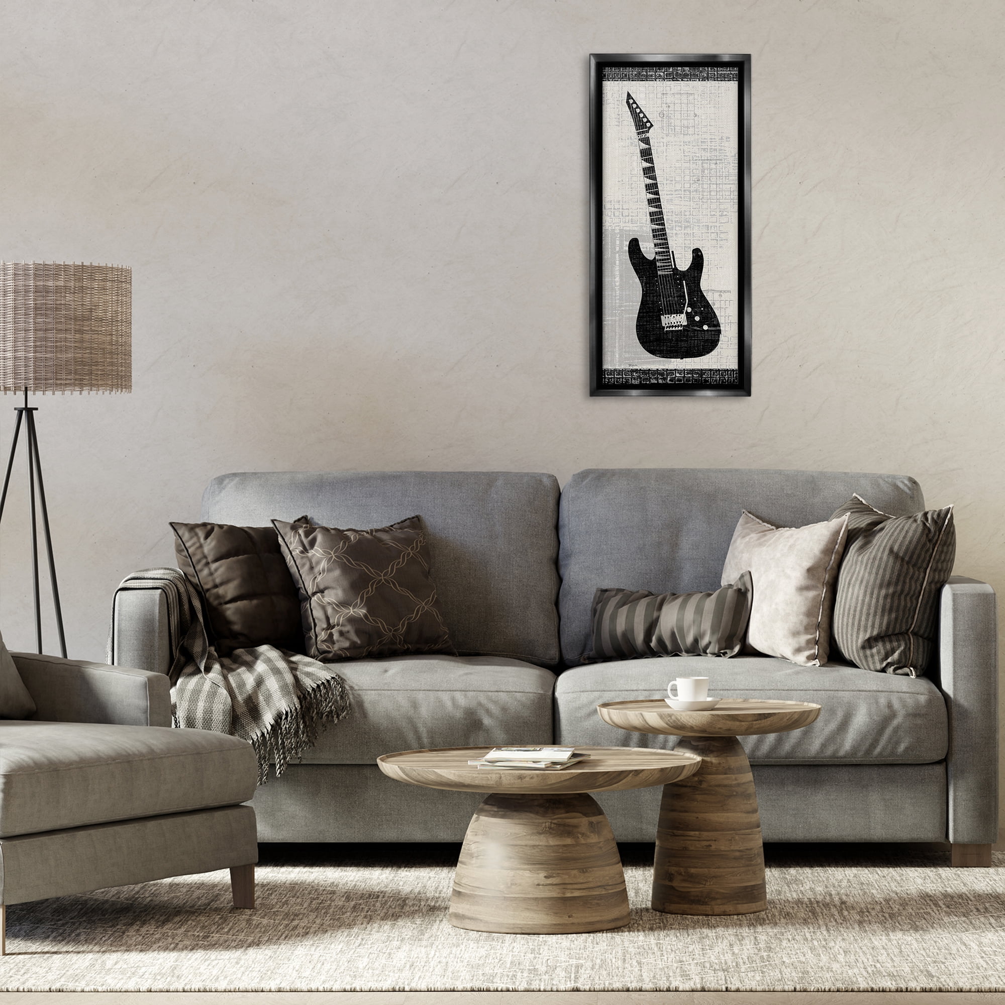 Stupell Industries Patterned Electric Guitar Performing Arts Painting Black Floater Framed Art Print Wall Art, 15 x 31