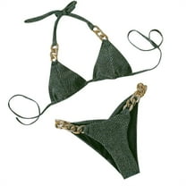 Abcnature Women's Bikini Swimsuits Sets, Thong Bikini Sets Summer Solid Tank Two-Piece Velvet Rhinestone Metal Chain Bikini Swimwear Bikini Sets for Women Green L