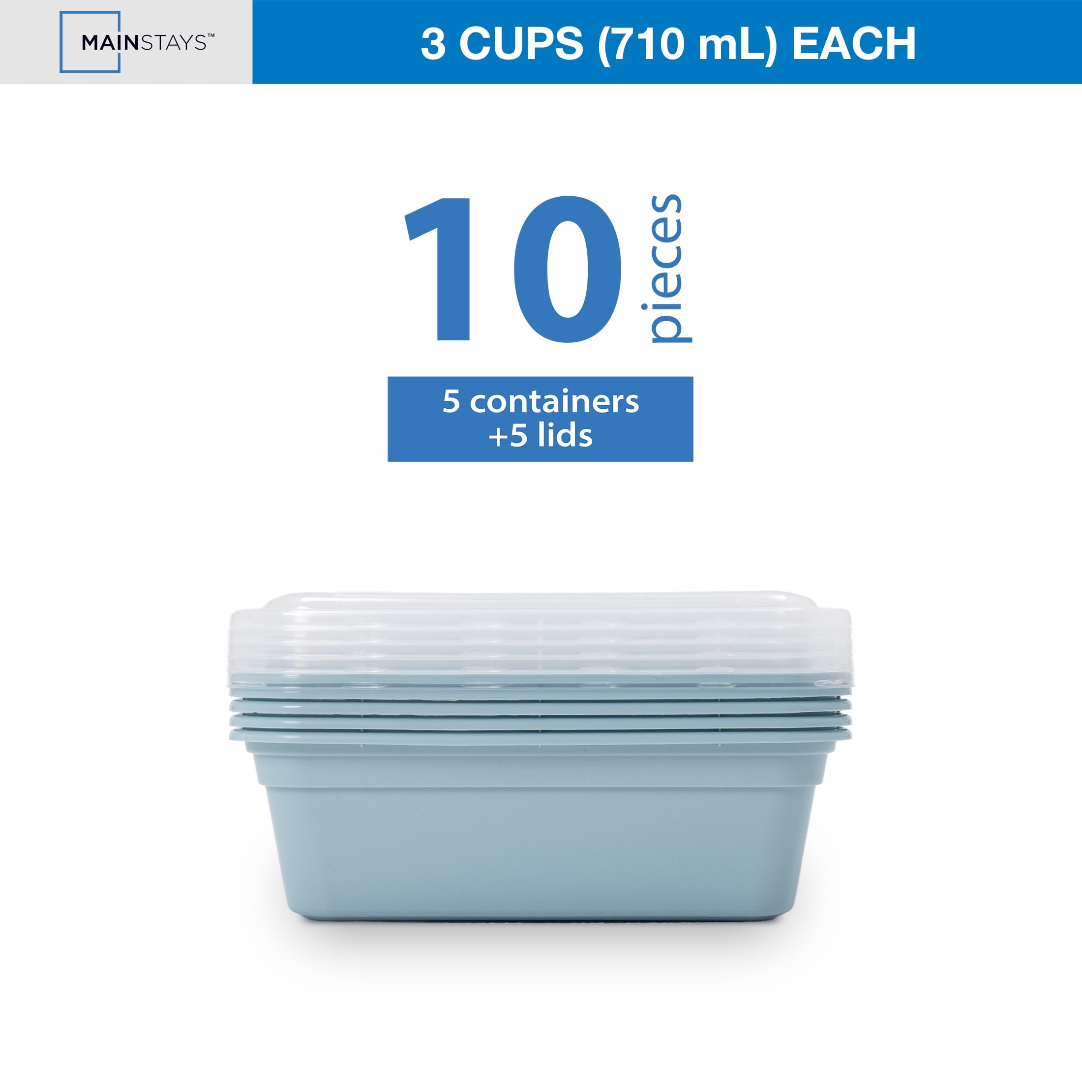 Mainstays 5-Pack 1-Compartment BPA-Free Plastic Snack Meal Prep Food Storage Containers, 3 Cup, Blue Cameo