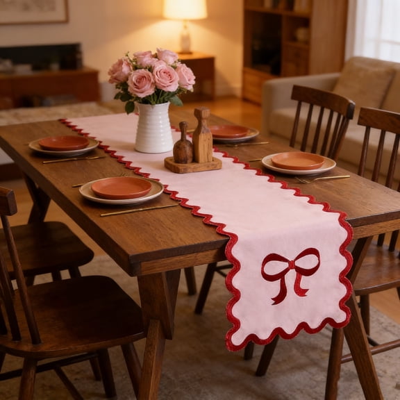 Christmas Table Runner Set of 2, 33x176cm Pink & Red Bow Design, Scalloped Edge Holiday Tablecloth, Festive Dining Decor for Christmas & Valentine's Day, Reusable Fabric Table Cover