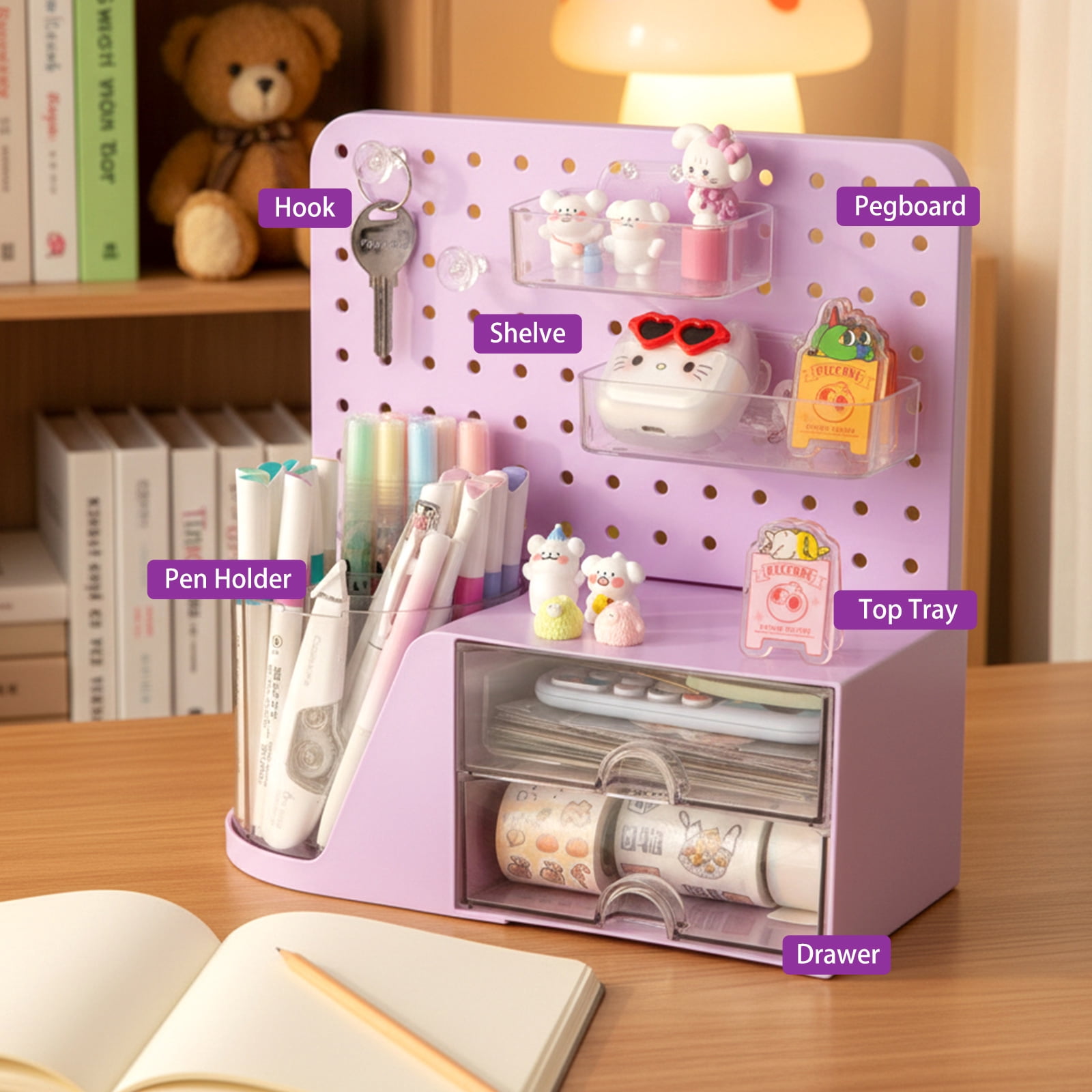 Vivin Desk Organizer, Small 2 Drawer Unit and Pen Holders, Multi-Purpose Pegboard organizer For Home Office, Purple