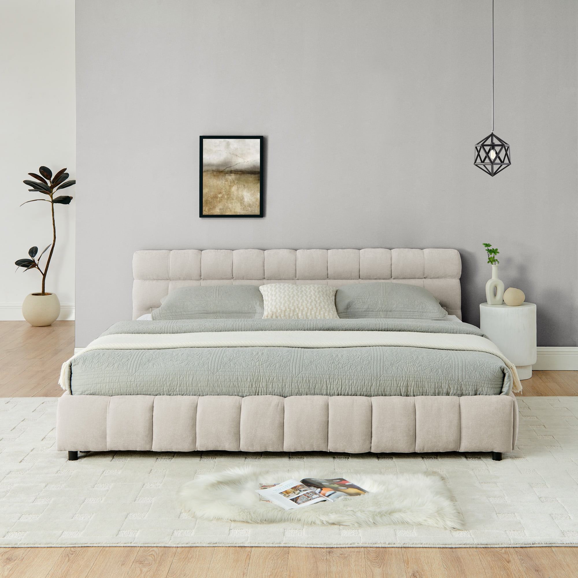 Gewnee King Size Upholstered Bed, Chenille Fabric, Solid Frame with Headboard and Storage Drawer, Bedroom, Beige