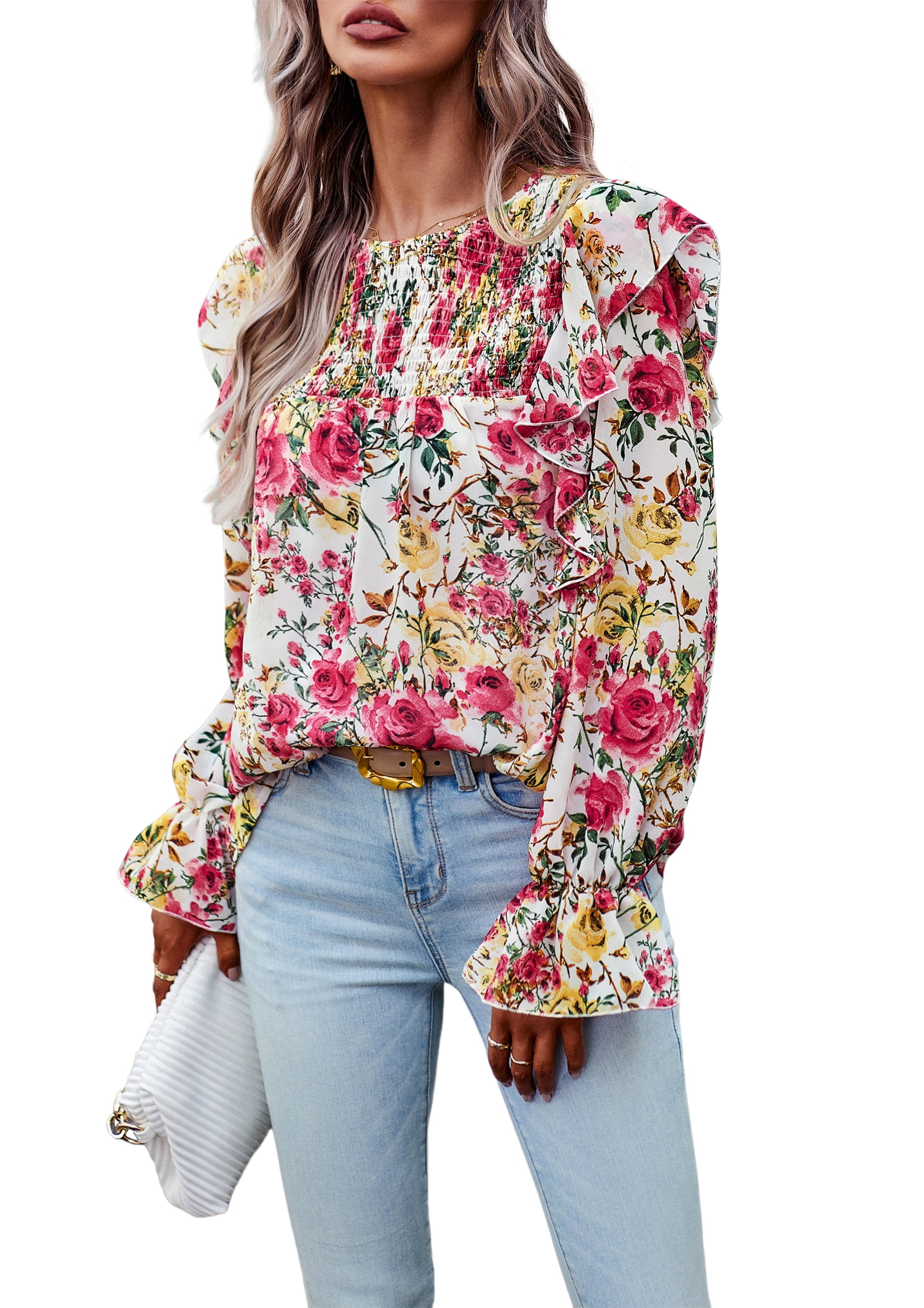 Blue Rose Dreams Boho Floral Print Long Sleeve Crop Top