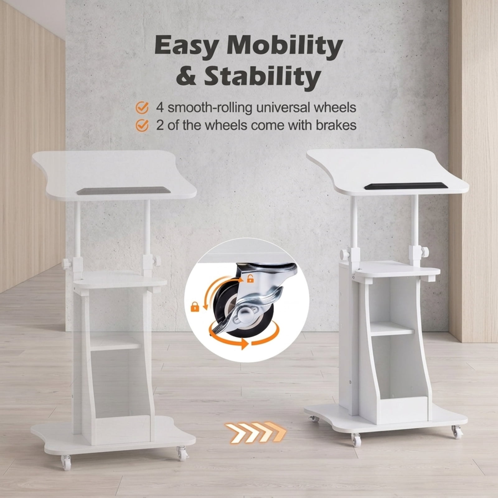 Furnibear Mobile Podium Stand Height Adjustable Laptop Cart with Tilting Tabletop Lockable Wheels and Storage Compartments for School, White