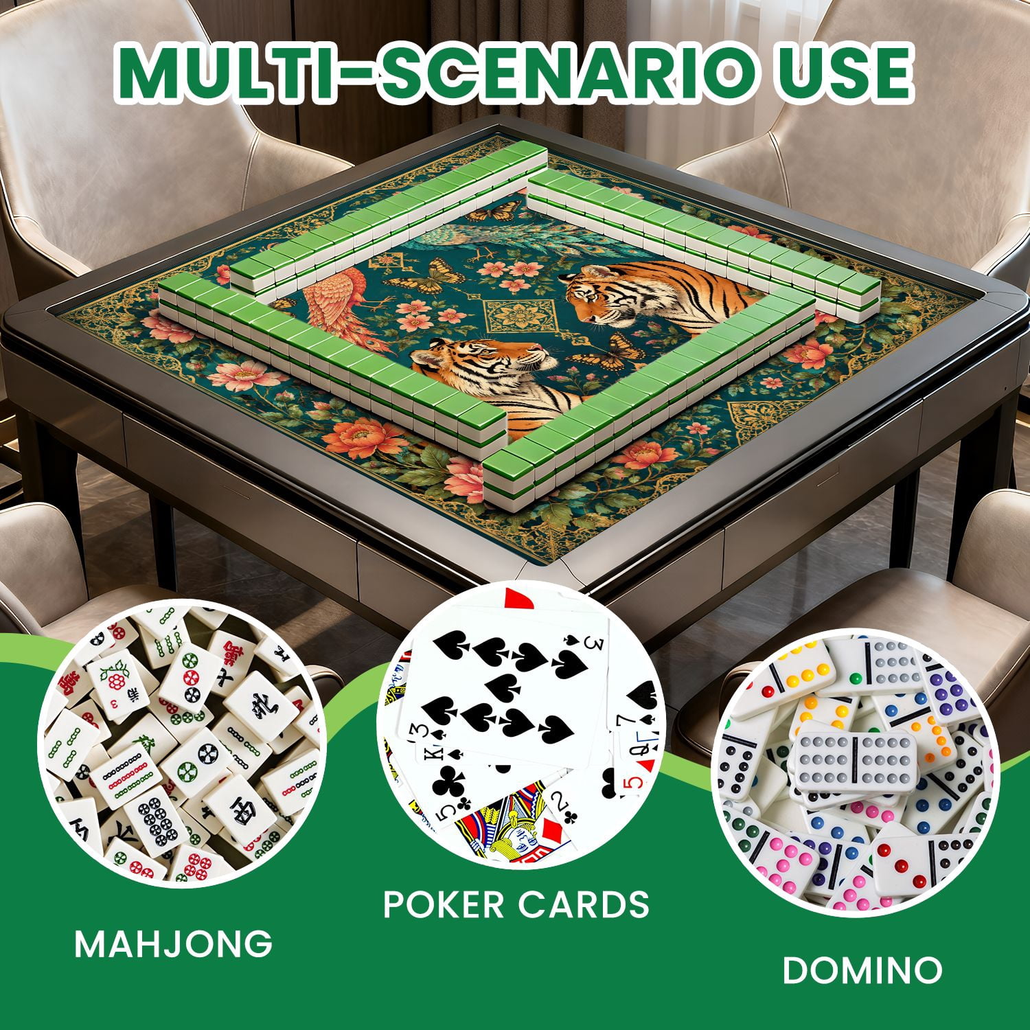 Mahjong Mat 31.5" x 31.5" Tigers Exotic Birds Floral Ornamental Teal Non-Slip Noise Reduction Mahjong Tiles Table Cover for Dominoes Poker Card Board and Tile Games