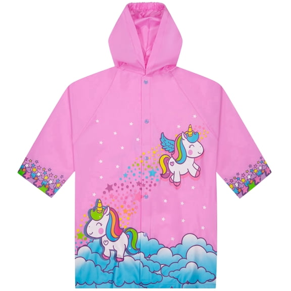 Puddle Play Kids Waterproof Rain Slicker Jacket, Pink Unicorn & Stars Design, Hooded with Snap Closure – Lightweight Girls Raincoat, Size 6-7 Years