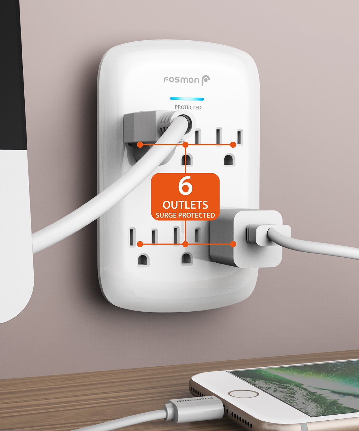 2 Pack Fosmon ETL Listed 700 Joules 15A 125VAC 60Hz 1875Watts Wall Outlet Adapter 6 Outlet Wall Mount Surge Protector White C-10688-2PACK