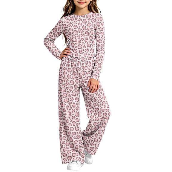 Girls 2 Piece Leopard Outfits Long Sleeve Pleated Slim Tops Wide Leg Baggy Pants With Pockets Fashion Vintage Casual Set (14-15 Years, Pink)