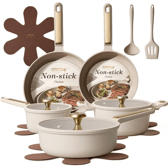 Carote 14-Piece Pots and Pans Set, Ceramic Nonstick Cookware Set with Utensils,Induction Compatible, Taupe