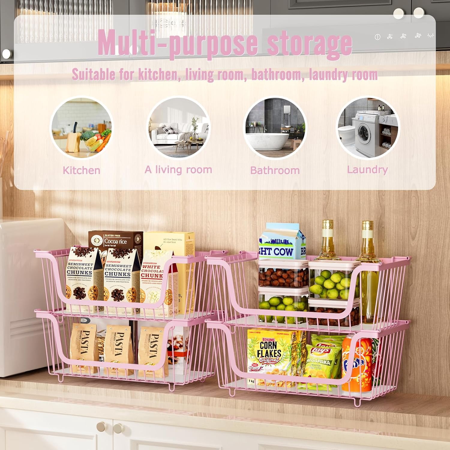 4 Pcs Stackable Wire Baskets for Pantry Organizers and Storage,Vegetable Fruit Basket for Countertop,Kitchen Storage Metal Baskets,Produce Potato Onion Storage Bin,Black