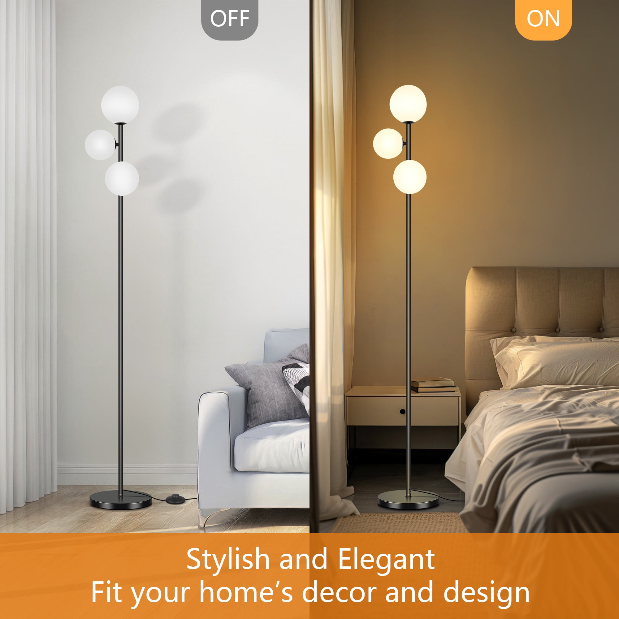 OUTON 71" Globe Floor Lamp for Living Room Clearance, Modern 3 light Standing Lamp with 3 Colors Temperatures, Dimmable Tall Lamp for Bedroom Office, Bulbs Included, Black