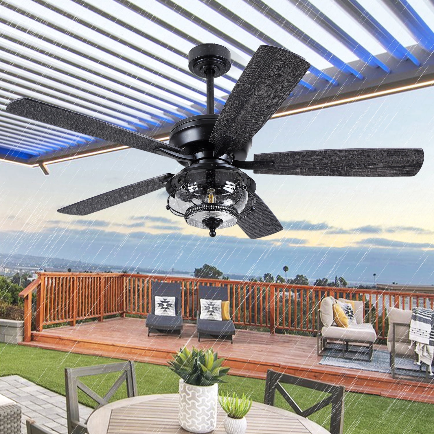 Phorus 52" Outdoor Ceiling Fan with Light – Wet Rated Waterproof, Rain-Proof, 6-Speed Reversible Motor, Remote Control, Black Modern Fan for Patio, Gazebo, Pergola, Porch