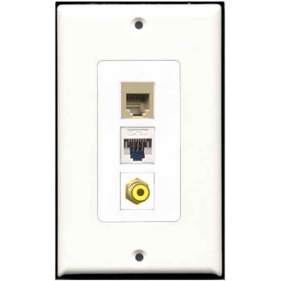 RiteAV - 1 Port RCA Yellow 1 Phone RJ11 RJ12 Beige 1 Cat5e Ethernet White Wall Plate Decorative