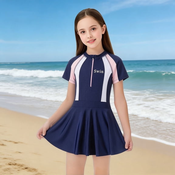 Girls Swimsuit One Piece Short Sleeve Zipper Swim Dress UPF 50 Rash Guard Training Sportswear Swimwear Bathing Suit Dark Blue Size 4-5 Y