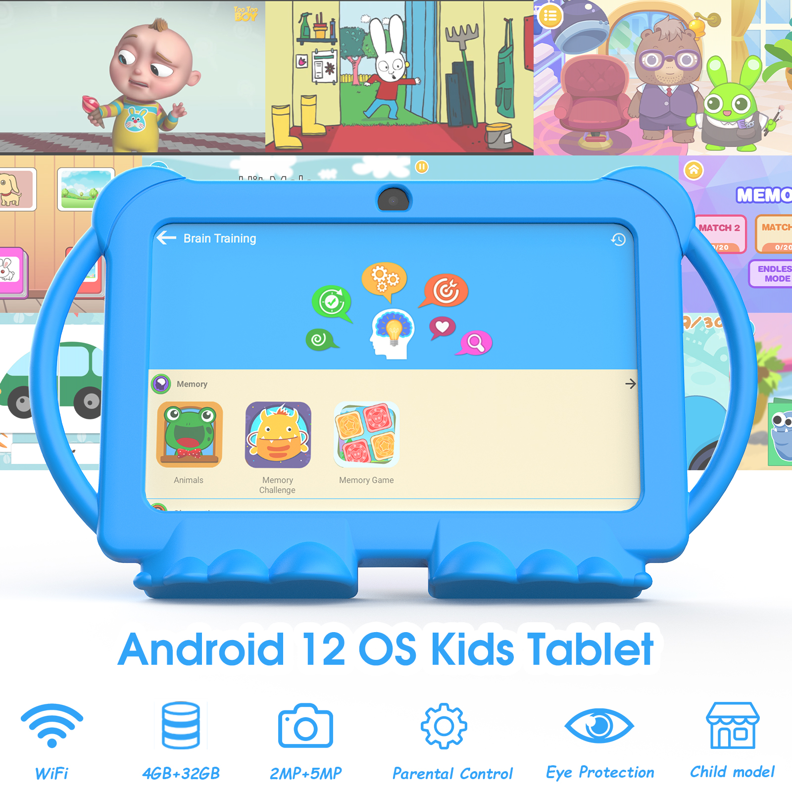 Kids Tablet, 7 inch Android 12 Tablet for Kids, 4GB RAM 32GB ROM 512GB Expand, Toddler Tablet with Parental Control, IPS Screen, Dual Camera, Educational, Games, Shockproof Case for Boys/Girls, Blue