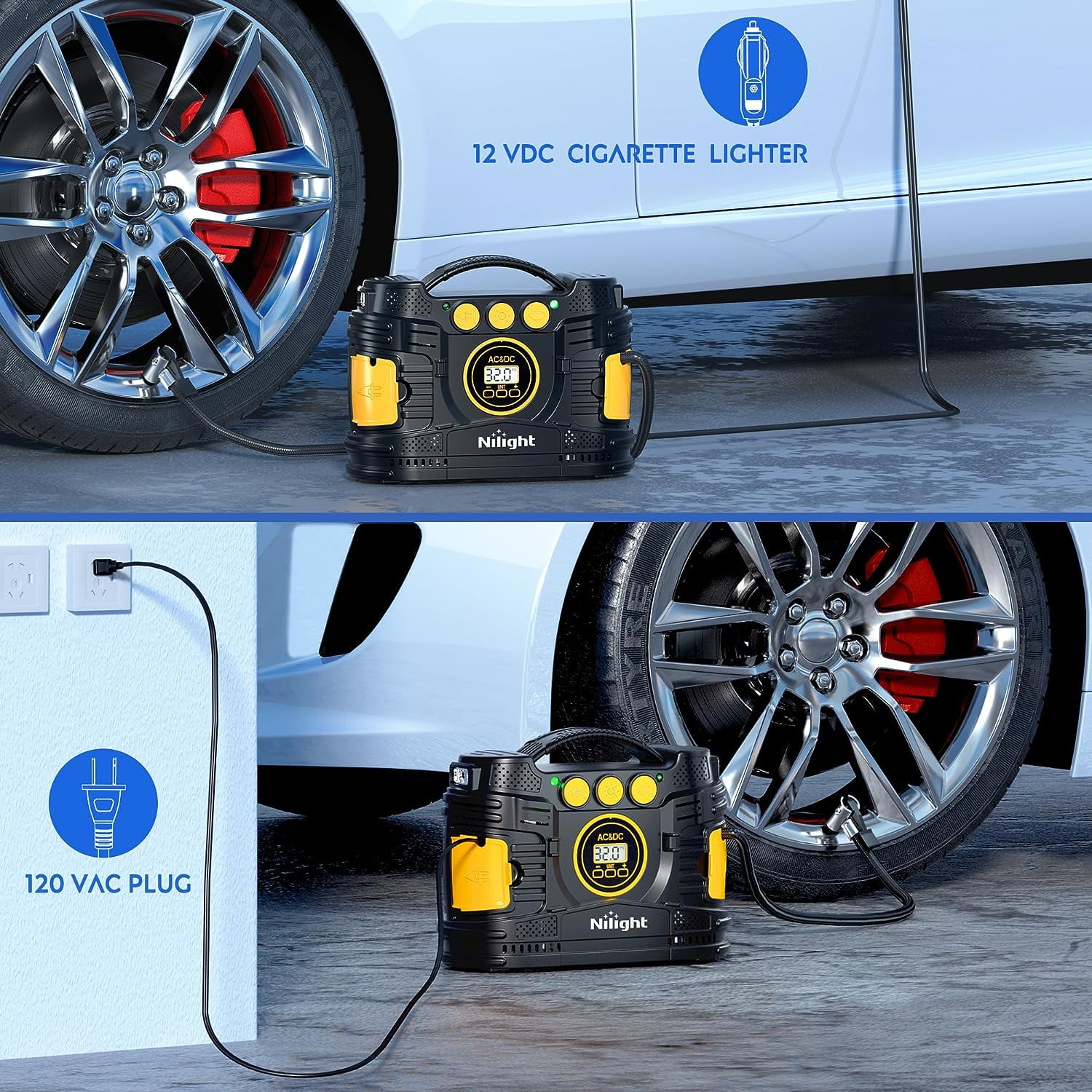 Nilight Tire Inflator Portable Air Compressor Dual Power for Car 12V DC and Home 110V AC Tire Pump w/Tire Pressure Gauge Fast Inflate Auto Shut off Pump for Car SUV Motorcycle Bicycle