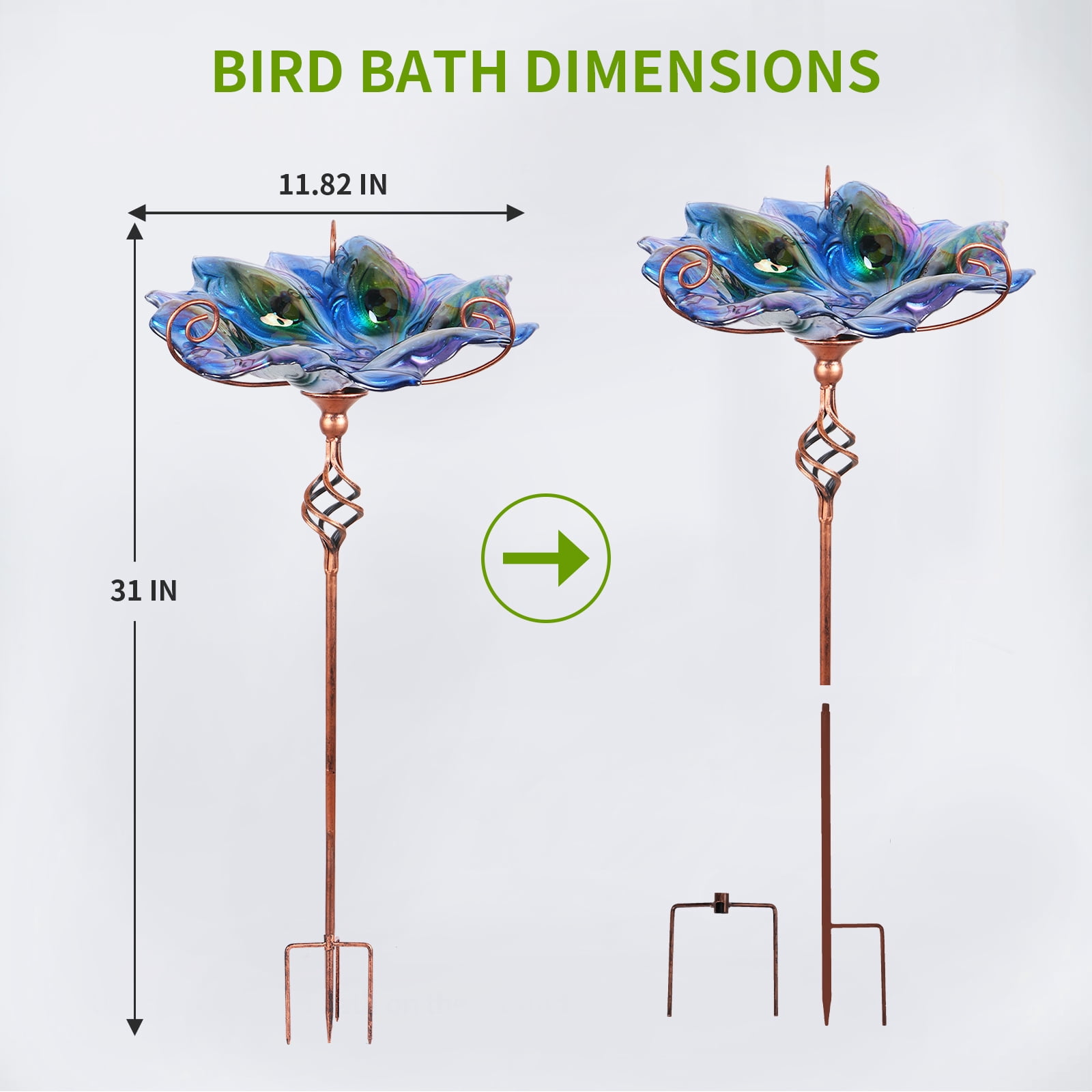 12-Inch Glass Bird Bath, Garden Outdoor Birdbaths Birdfeeder with Metal Stake Peacock Bird Baths for Outside Yard