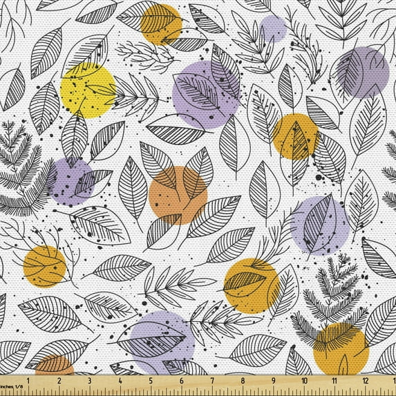 Botanical Fabric by the Yard, Print of Round Blots and Striped Leaf Silhouettes, Decorative Upholstery Fabric for Sofas and Home Accents, Multicolor by Ambesonne