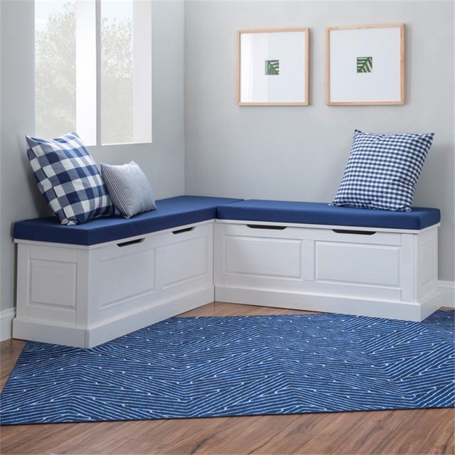 Pemberly Row White Wood Nook With Navy Polyester Fabric Cushions