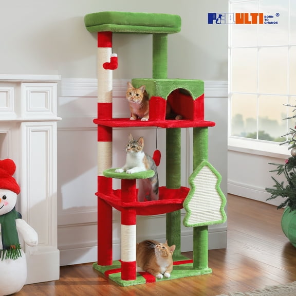 PEQULTI 56.3" Christmas Cat Tree for Indoor Cats Cat Tower with Hammock & Christmas Tree Scratching Pad Red