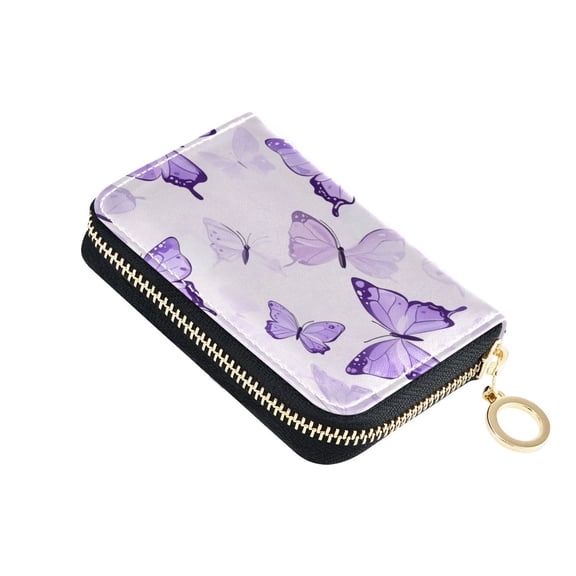Purple Butterflies Flying Women's Credit Card Holder PU Leather Zipper Wallet RFID Blocking