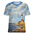 thumbnail image 5 of Lighthouse Sunrise Coast Scenery Pale Blue Tan Women's Short Sleeve T-Shirt Crew Neck Casual Summer Trendy Loose Fit Tops, 5 of 6