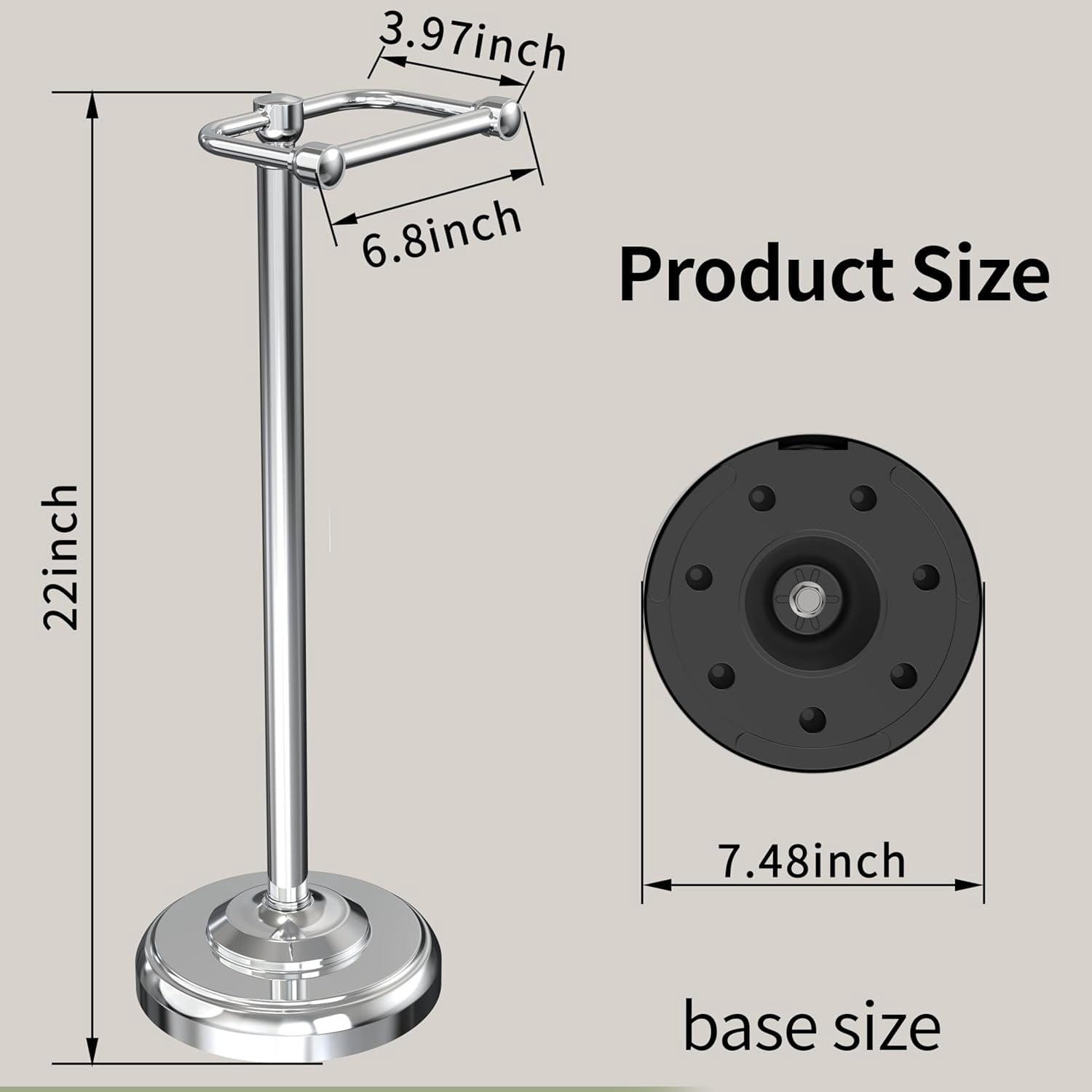 Toilet Paper Holder Stand, Free Standing Bathroom Tissue Roll Holder with Pivoting Post and Weighted Base, Stainless Steel Chrome Finish