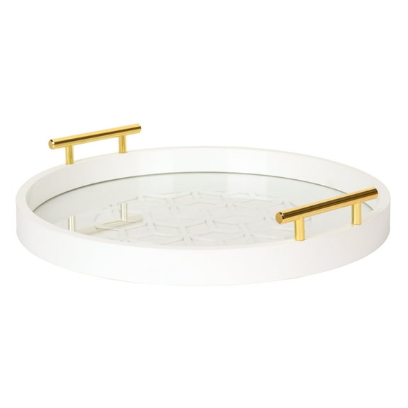 Kate and Laurel Caspen Glam Decorative Serving Tray, 15.5 Inch Diameter, White and Gold, Decorative Tray with Round Shape and Polished Gold Metal Handles for Storage and Display