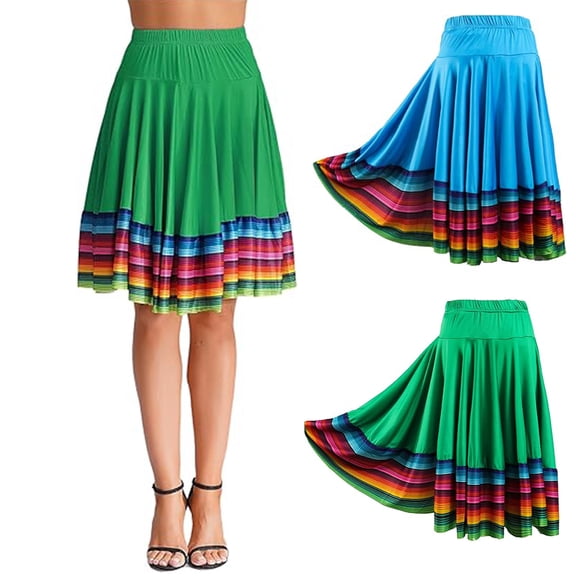 Joernso Midi Skirt Ladies Folk Dance Skirt Elastic High Waist Spanish Swing Skirt Rainbow Large Swing Hem Mexican Flamenco Performance Skirt