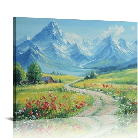 Patifu Landscape Wall Art Mountain Nature Green Scenery Flowers Canvas Painting Artwork Textured Large for Living Room Bedroom Bathroom Home Office Wall Decor 20x16in