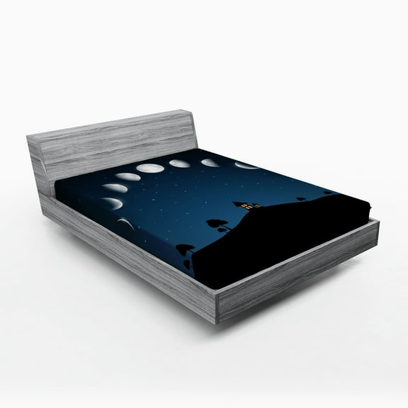 Ambesonne Moon Fitted Sheet, Lunar Phases and Stars Hill, Full Size, Grey and Black