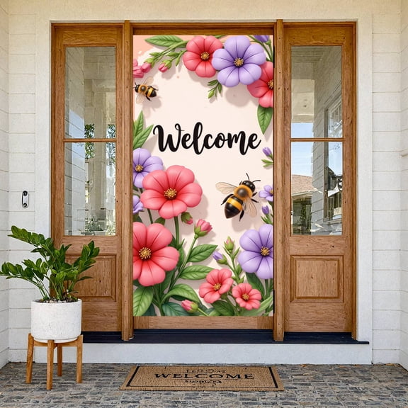 Red Ladybug Welcome Banner White Daisies Daisy Backdrop Cartoon Light Green Background Garden Background for Garden Party Spring Gathering Kids' Birthday