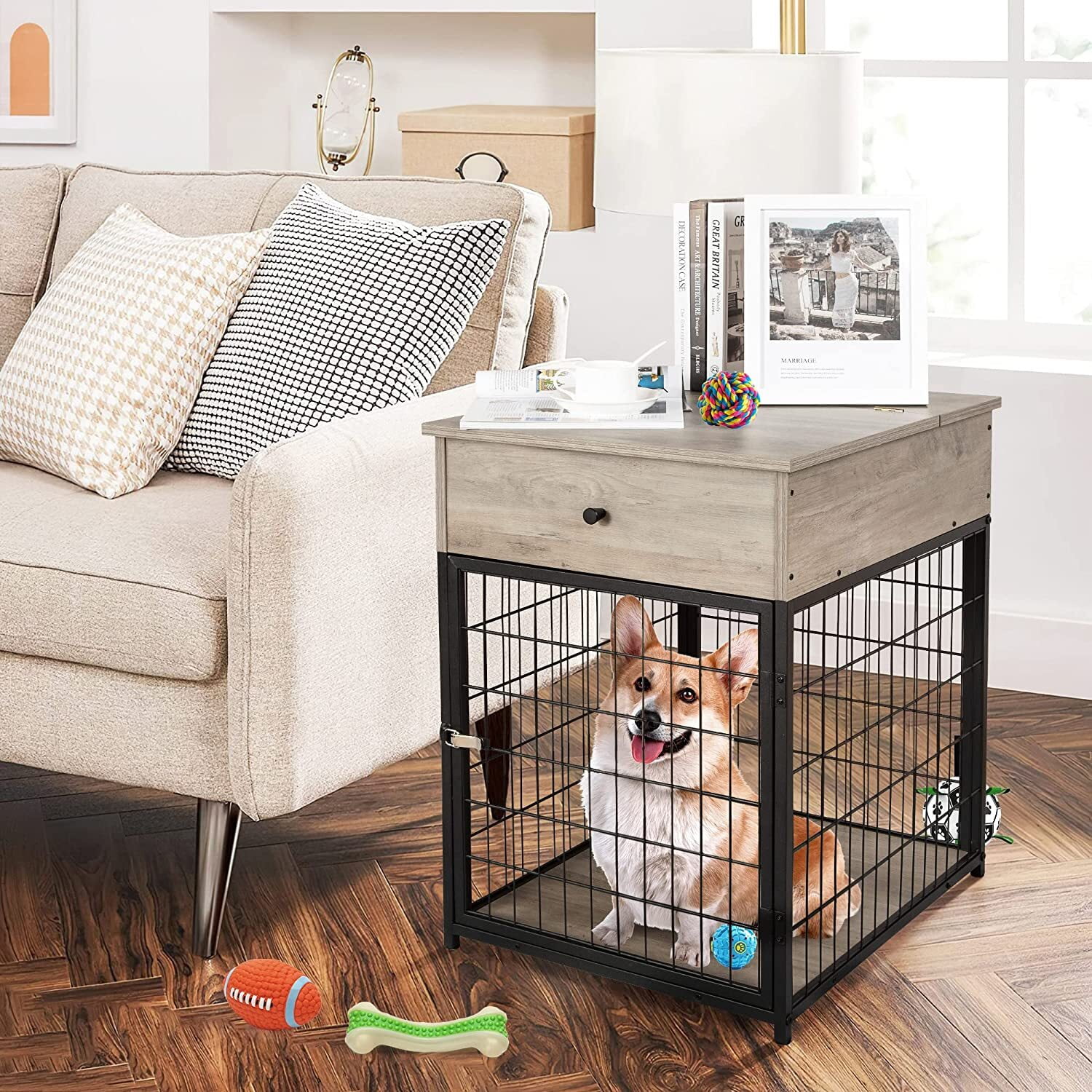 Yartaka Dog Crate Furniture, Style Wood Dog Kennel End Table with Drawer, Dog House Indoor Use