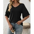 thumbnail image 5 of Womens V-Neck Tops Dressy Double Layer Bell Sleeve 3/4 Length Ruffle Sleeve T Shirts Black L, 5 of 6