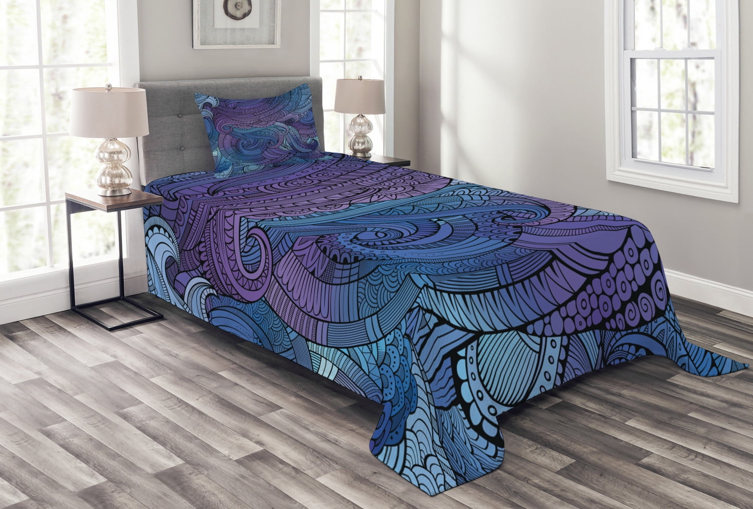 Abstract Bedspread Set Twin Size, Ocean Inspired Graphic Arabesque Paisley  Swirled Hand Drawn Ethnic Artwork Print, Quilted Piece Decor Coverlet Set  with Pillow Sham, Purple Blue, by Ambesonne