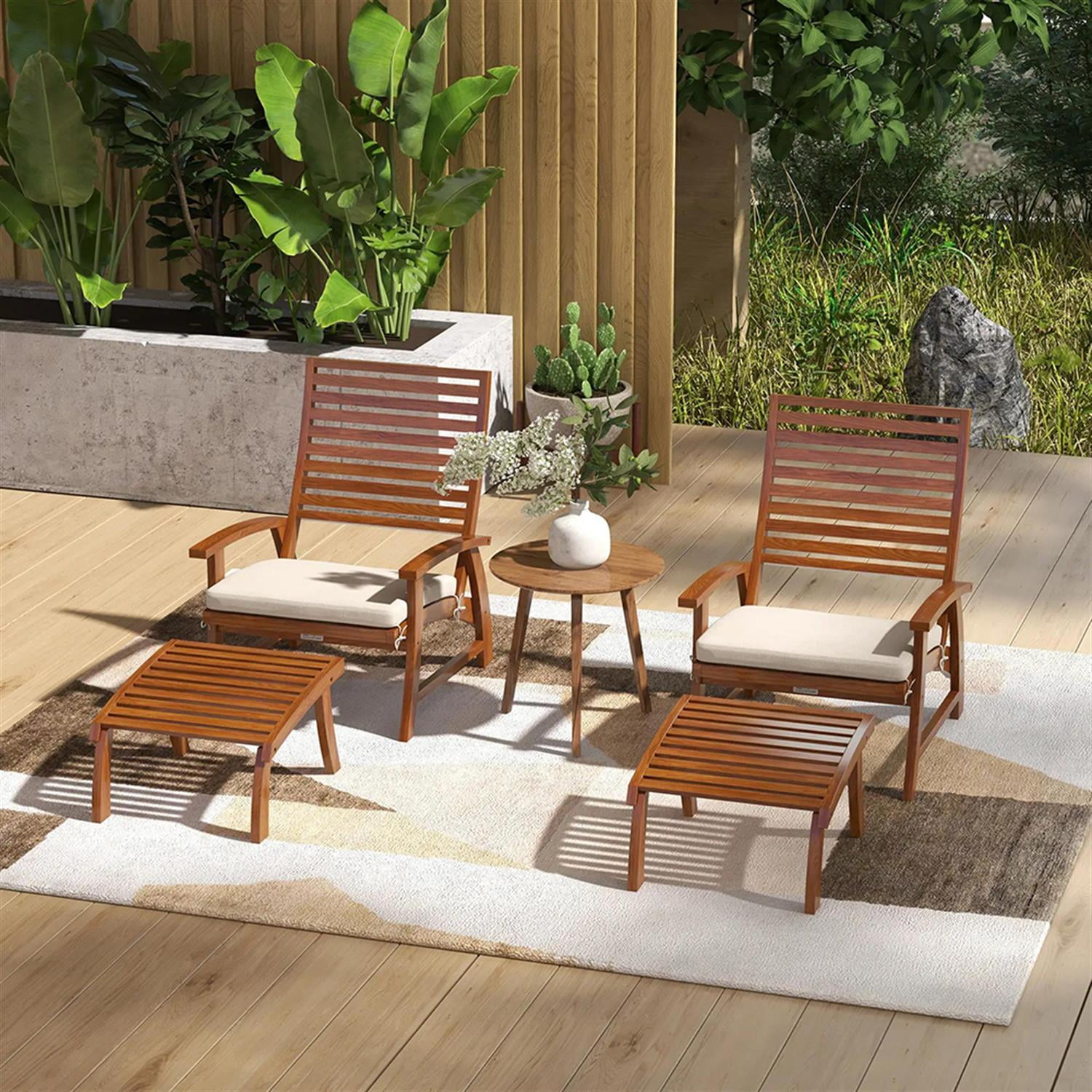 Demi Bonn 4-Piece Outdoor Conversation Set Patio Furniture, 2 Acacia Wood Slatted Chairs with Cushions & Ottomans for Balcony Porch, Brown