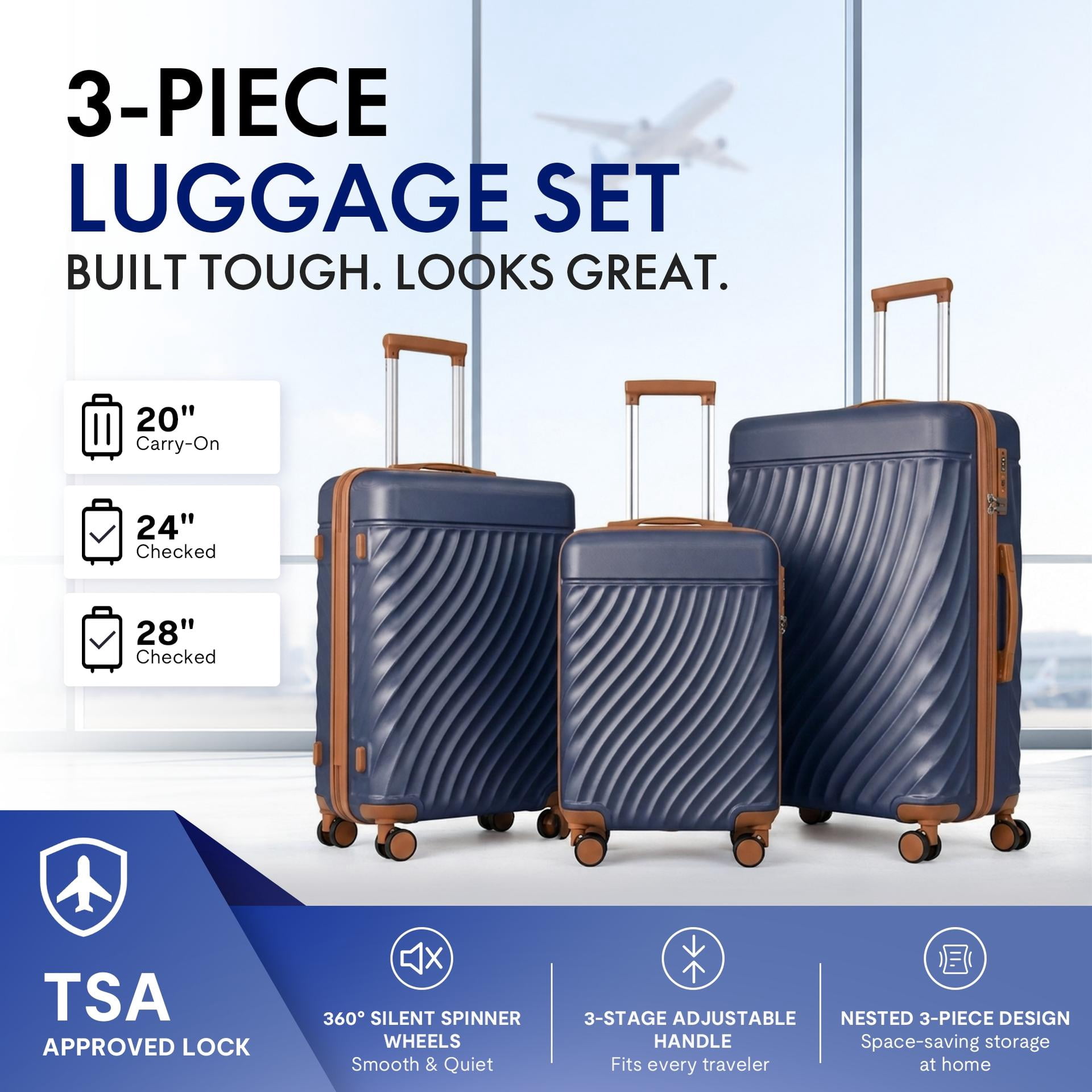 3-Piece ABS Hardshell Luggage Set, Lightweight Durable Suitcases with 4 Silent Spinner Wheels & TSA Lock, Wave-Embossed Scratch-Resistant Shell, 20/24/28 Inch, Navy Blue