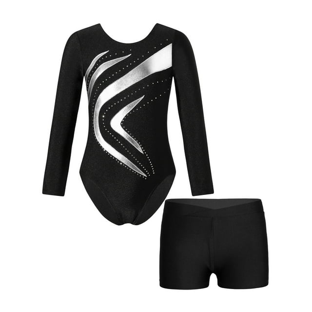 Loodgao Justaucorps de Danse et Gymnastique pour Filles Manches Longues Col Rond avec Short Argent 10