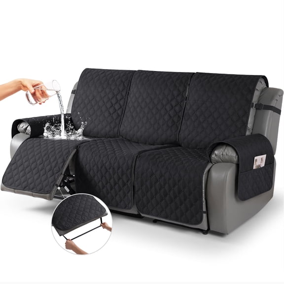 ARLAJO Waterproof Recliner Sofa Covers, Recliner Couch Covers with Leg Straps, Reversible Recliner Covers for 3 Seat Reclining Chair, Washable Sofa Protector for Pets Kids (Black)