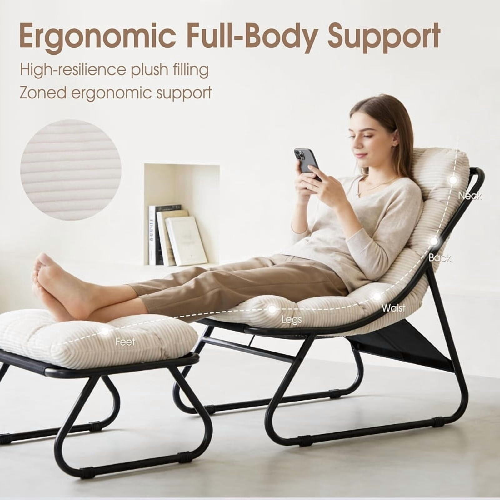 Modern Patio Lounge Chair with Ottoman, Comfy Sling Recliner Chair with Puffy Cushion and Foot Stool for Indoor Outdoor Living Room