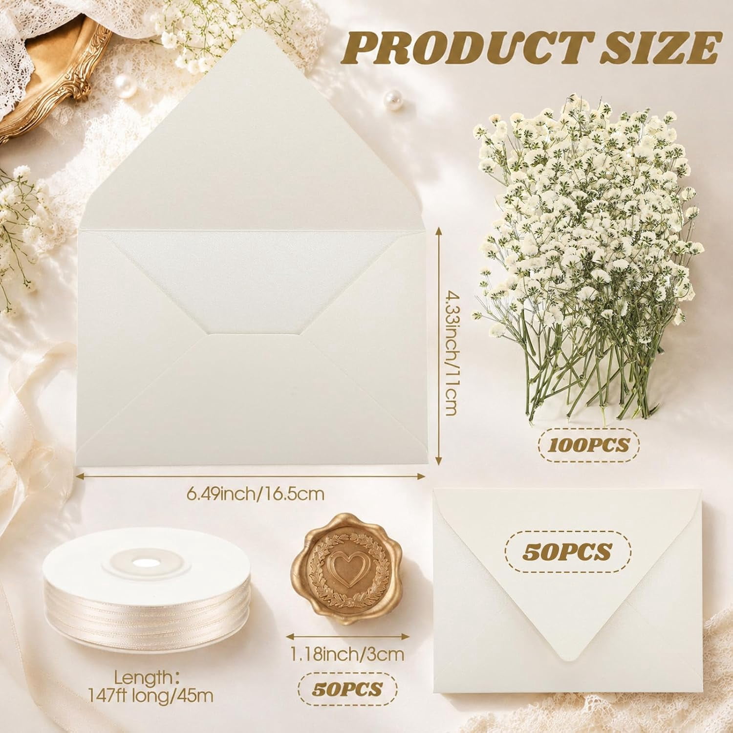 50 Sets Wedding Invitations Wraps Set Include Envelope for 5 x 7 Inch Invitations Self Adhesive Gold Wax Seal Sticker Dried Flowers for DIY Photos Cards Dining Table(Elegant,Beige)